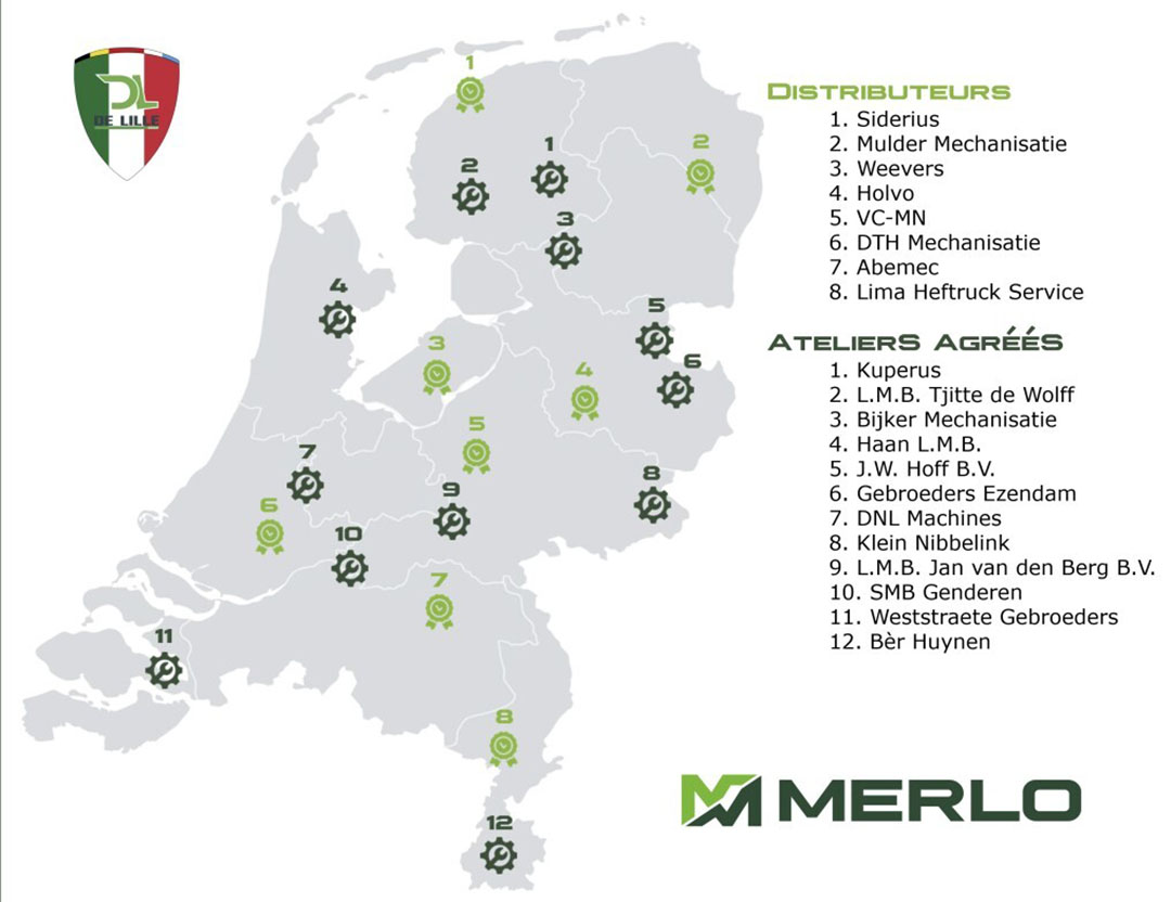 De Merlo-importeur verdeelt de Nederlandse dealers onder distributeurs en goedgekeurde werkplaatsen, de zogenoemde ateliers agrées. - Afbeelding: De Lille