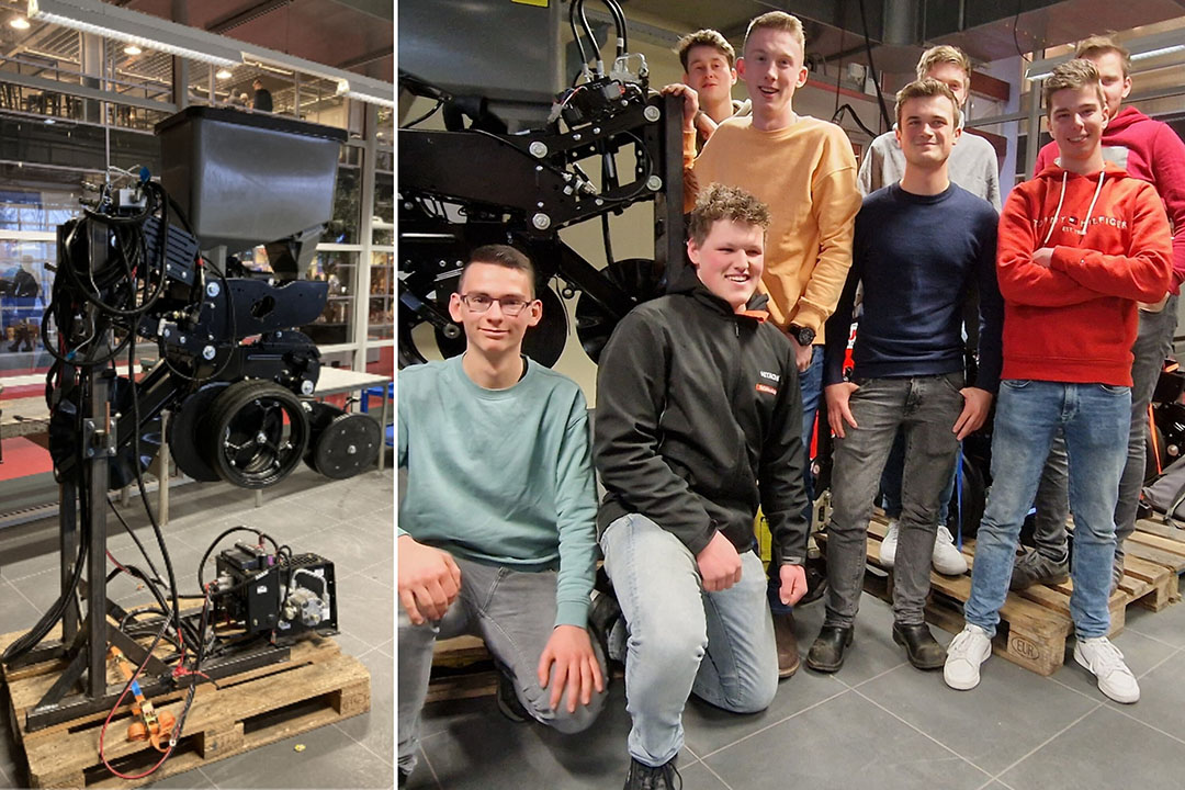 Studenten van opleidingsinstituut Aventus in Apeldoorn (Gld.) hebben in opdracht van de Amerikaanse machinefabrikant AG Leader een 3 meter brede precisiezaaier gebouwd. Deze precisiezaaier kan met een snelheid van 20 kilometer per uur zeer nauwkeurig zaaien. - Foto's: Annelies Bakker