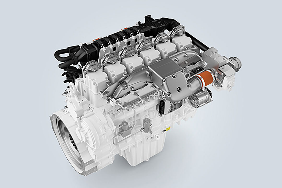 Het prototype van de H966-zescilinder waterstofmotor: het hart van de eerste waterstofaangedreven rupsgraafmachine van Liebherr. De machinefabrikant heeft boekjaar 2022 afgesloten met een recordomzet van € 12.589 miljard. Een stijging van 8,2% ten opzichte van 2021. - Foto: Liebherr