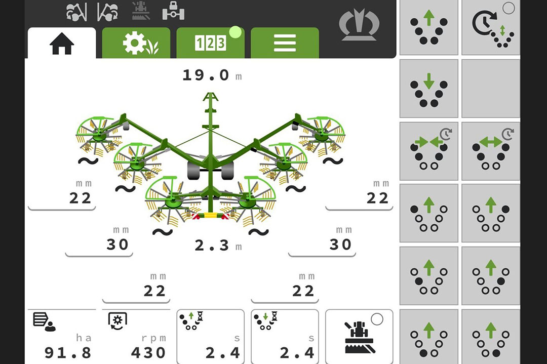 De nieuwe Isobus-gebruikersinterface van Krone is dynamisch. Als je bijvoorbeeld een machine in- of uitklapt, verandert ook de computertekening in een in- of uitgeklapte machine. - Foto's: Krone