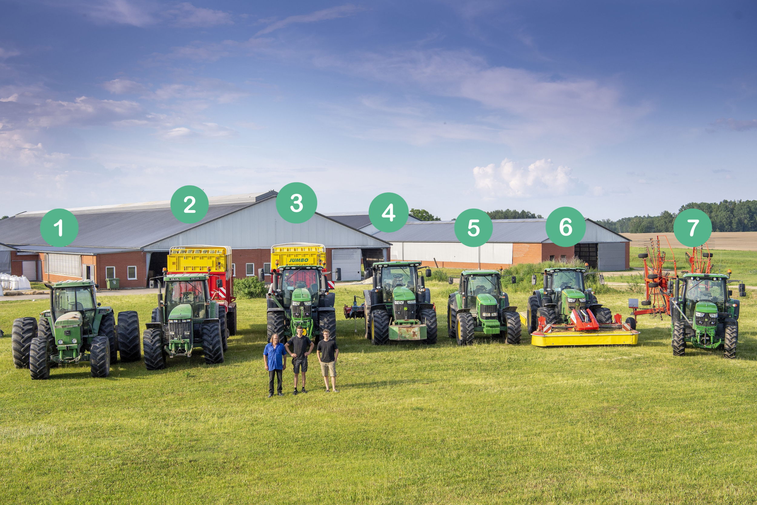 Melkveehouder Wil van Herk heeft geen loonwerkers in de regio. Hij verricht alle landwerk samen met zoons Matiss en Valter in eigen beheer. Vandaar zijn omvangrijke machinepark: 1 John Deere 4755; 2 John Deere 8100 met Pöttinger Jumbo 8010; 3 John Deere 6250 R met Pöttinger Jumbo 8010; 4 John Deere 7310 R met Imants Culter en Kuhn-rotorkopeg; 5 John Deere 6830; 6 John Deere 6155 M met Pöttinger-dubbele maaiers; 7 John Deere 6120 M met Kuhn-hark. – Foto’s: Mark Pasveer