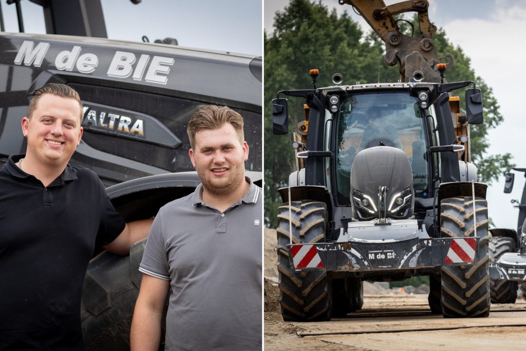 Trekkerchauffeur Koen Verf (21, links) en Daan de Bie (21) van Loon- en grondverzetbedrijf M. de Bie uit Kaatsheuvel (N.-Br.). Het bedrijf ontving afgelopen januari twee nieuwe Valtra Q265’s. Beide trekkers staan, met inmiddels 500 en 700 uur op de teller, voor een VGM ZK30-dumper. – Foto’s: Bob Karsten