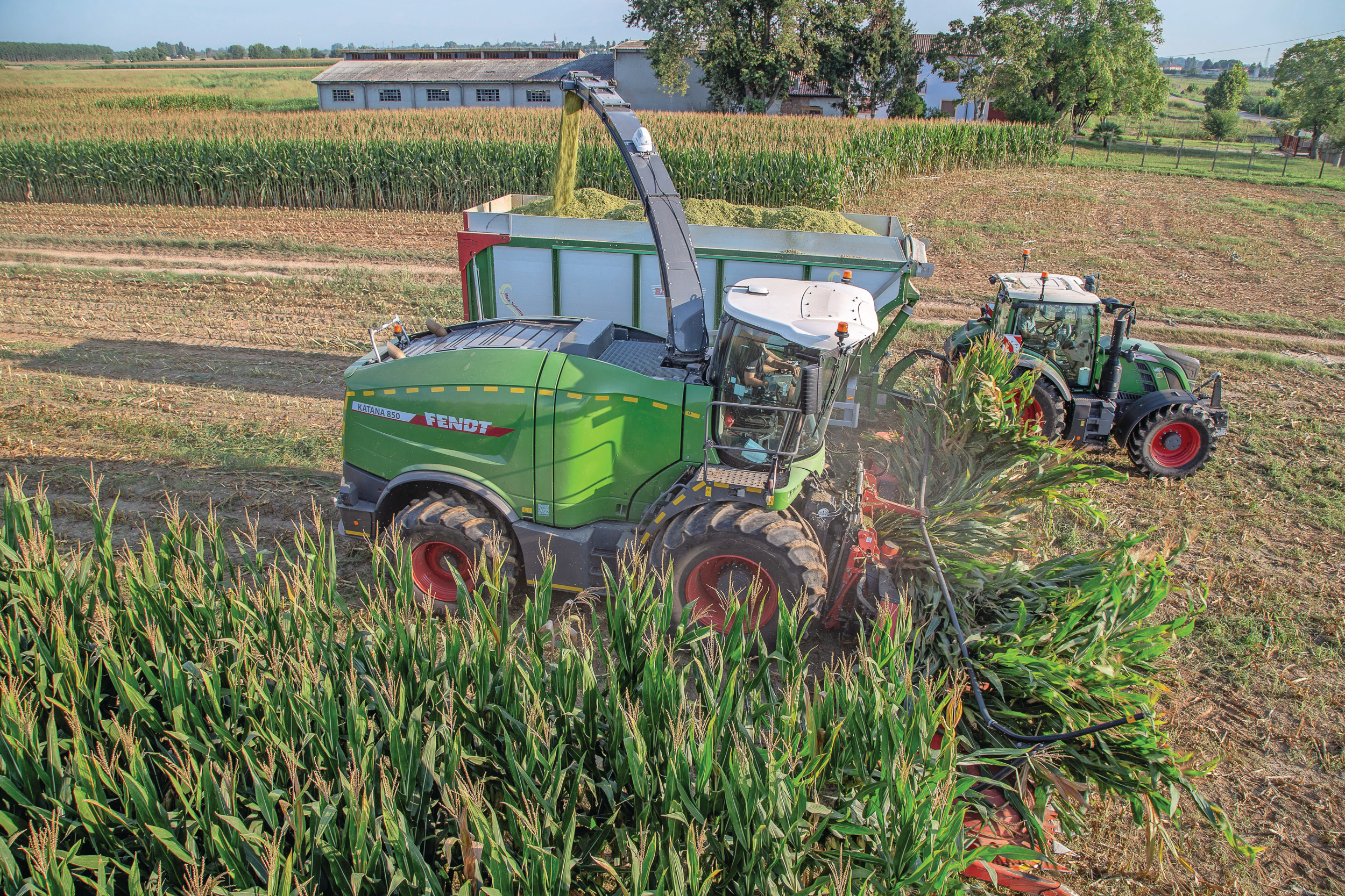 De Fendt Katana 850 werkt met zes cilinders minder dan z’n voorganger, de Fendt Katana 85. Toch is de 72 centimeter grote en 80 centimeter brede messentrommel van deze hakselaar de grootste in een sterk concurrerende markt. - Foto: Tobias Bensing