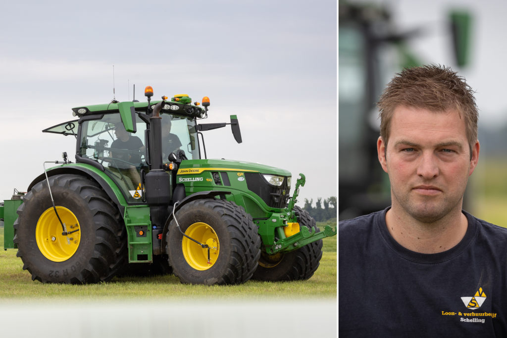 Loonwerker Geert Schelling gebruikt de John Deere 6R 150 vooral voor het sleepslangen, balen wikkelen, mest strooien en zaaien. Daarom staat de trekker op 900/60 R32-banden achter. De teller staat inmiddels op 912 uur.