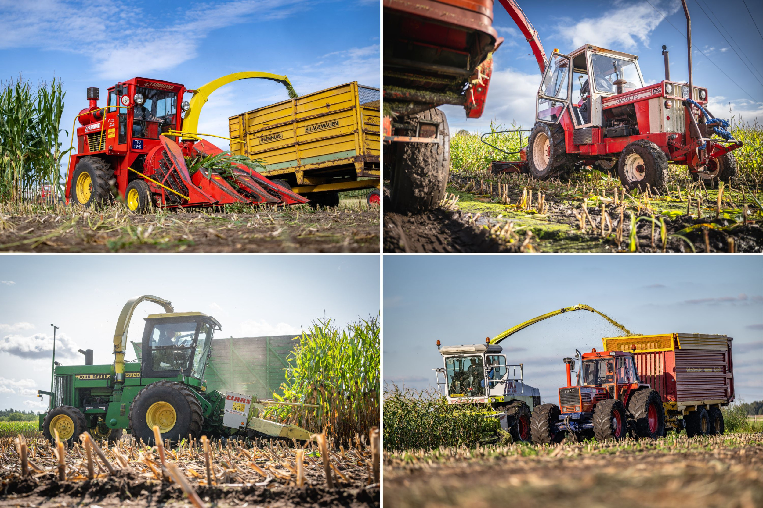 Maak je keuze uit deze vier hakselaars: linksboven Farmhand F600; rechtsboven PZ Harvall 170; linksonder John Deere 5720; rechtsonder Claas Jaguar 690. - Foto's: Michel Velderman