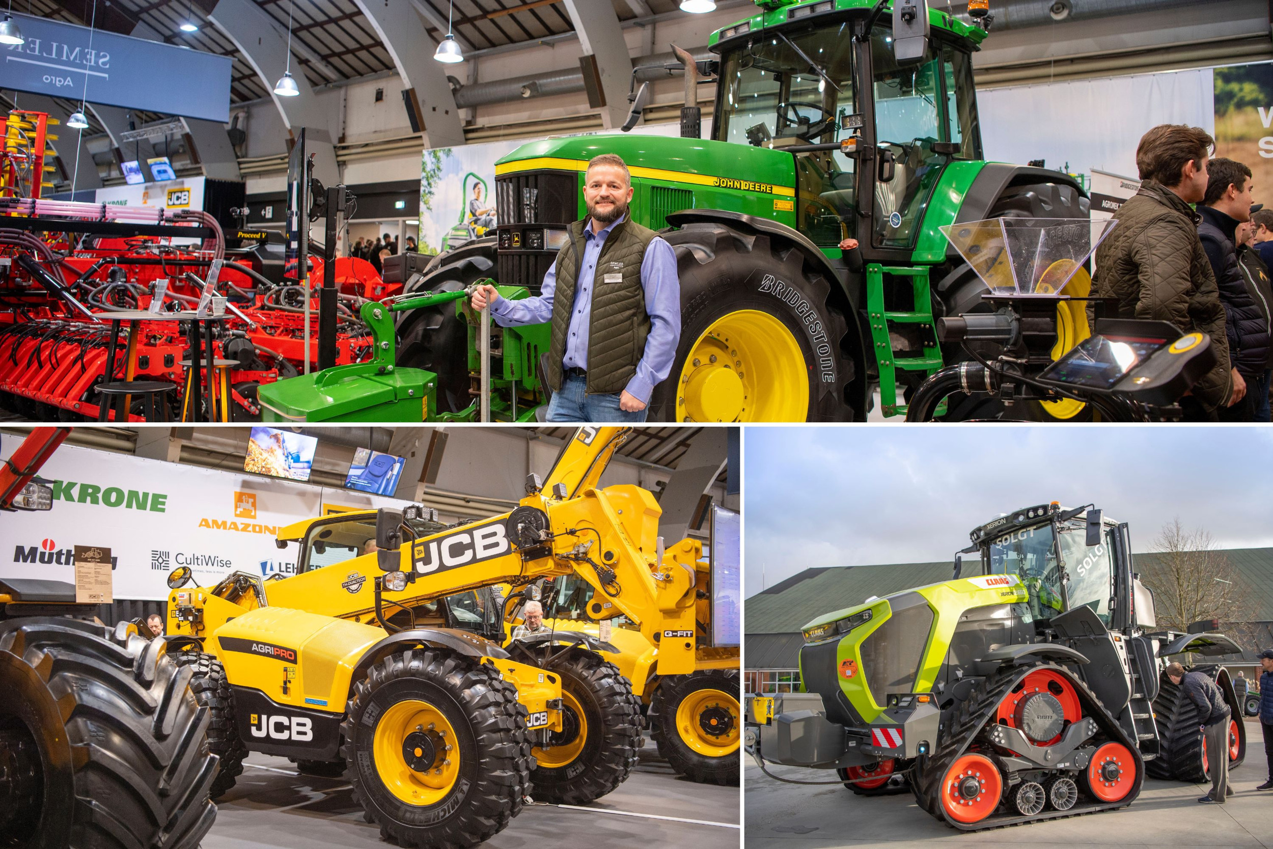 De Deense vakbeurs Agromek biedt beursbezoekers veel machines in speciale beursuitvoeringen en scherpe beursaanbiedingen. Op de bovenste foto zie je een John Deere 7810, linksonder een JCB Agripro-verreiker en rechtsonder de Claas Xerion 12.650. – Foto’s: Mark Pasveer