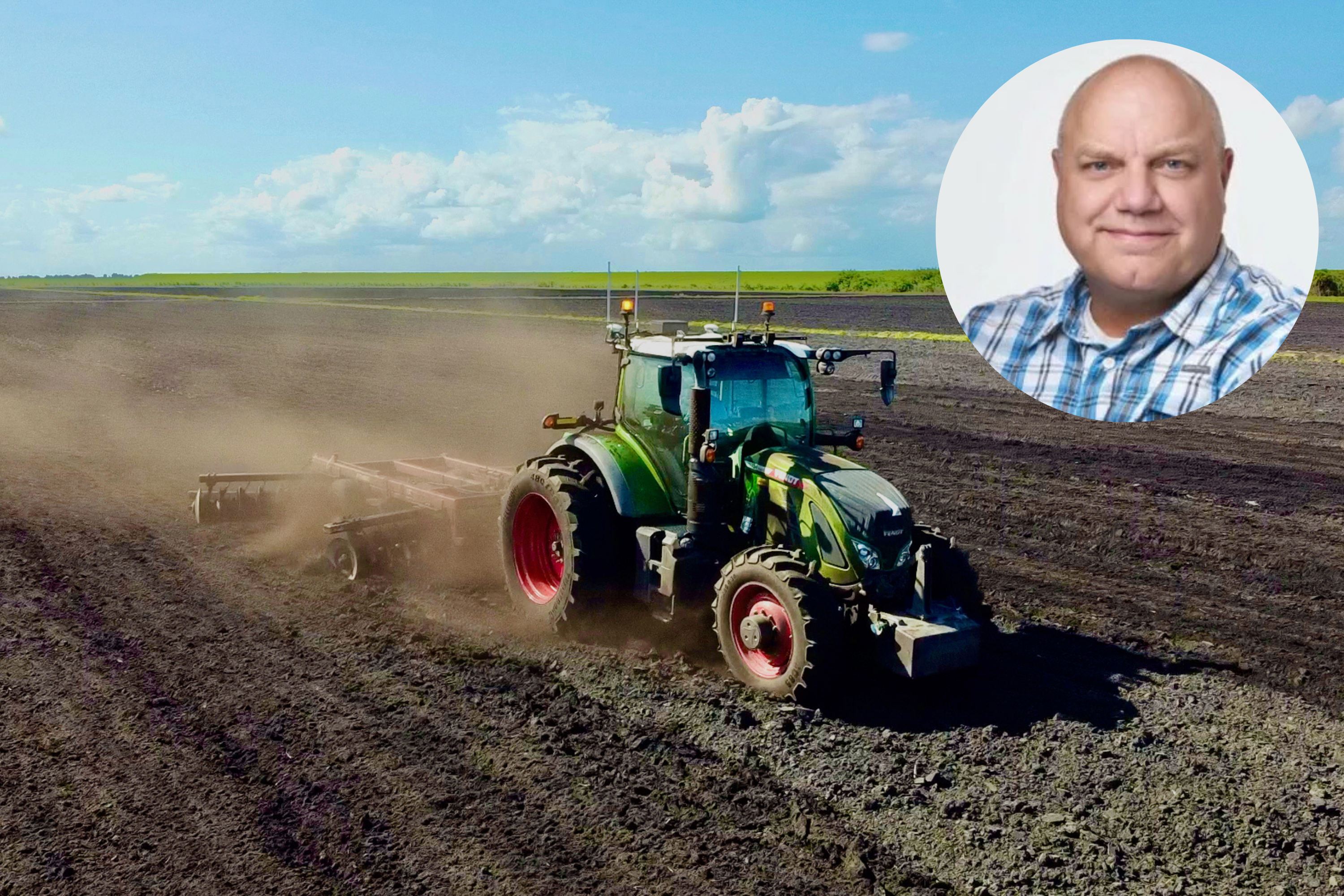 Een onbemande Fendt 724 bewerkt met een schijveneg een akker voor de teelt van suikerbieten in de Verenigde Staten. Volgens Craig Rupp, eigenaar van het Amerikaanse loonbedrijf Sabanto, ziet de sector logistieke uitdagingen in de autonome landbouw over het hoofd.– Foto: Misset. Inzet foto: Craig Rupp
