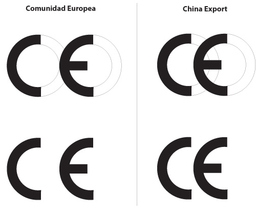 Links het Europese kwaliteitskeurmerk Conformité Européenne, rechts het logo van China Export. Het verschil is miniem, maar het kan grote verschillen in juridische aansprakelijkheid opleveren. De letters van het Europese merkteken staan verder van elkaar af.