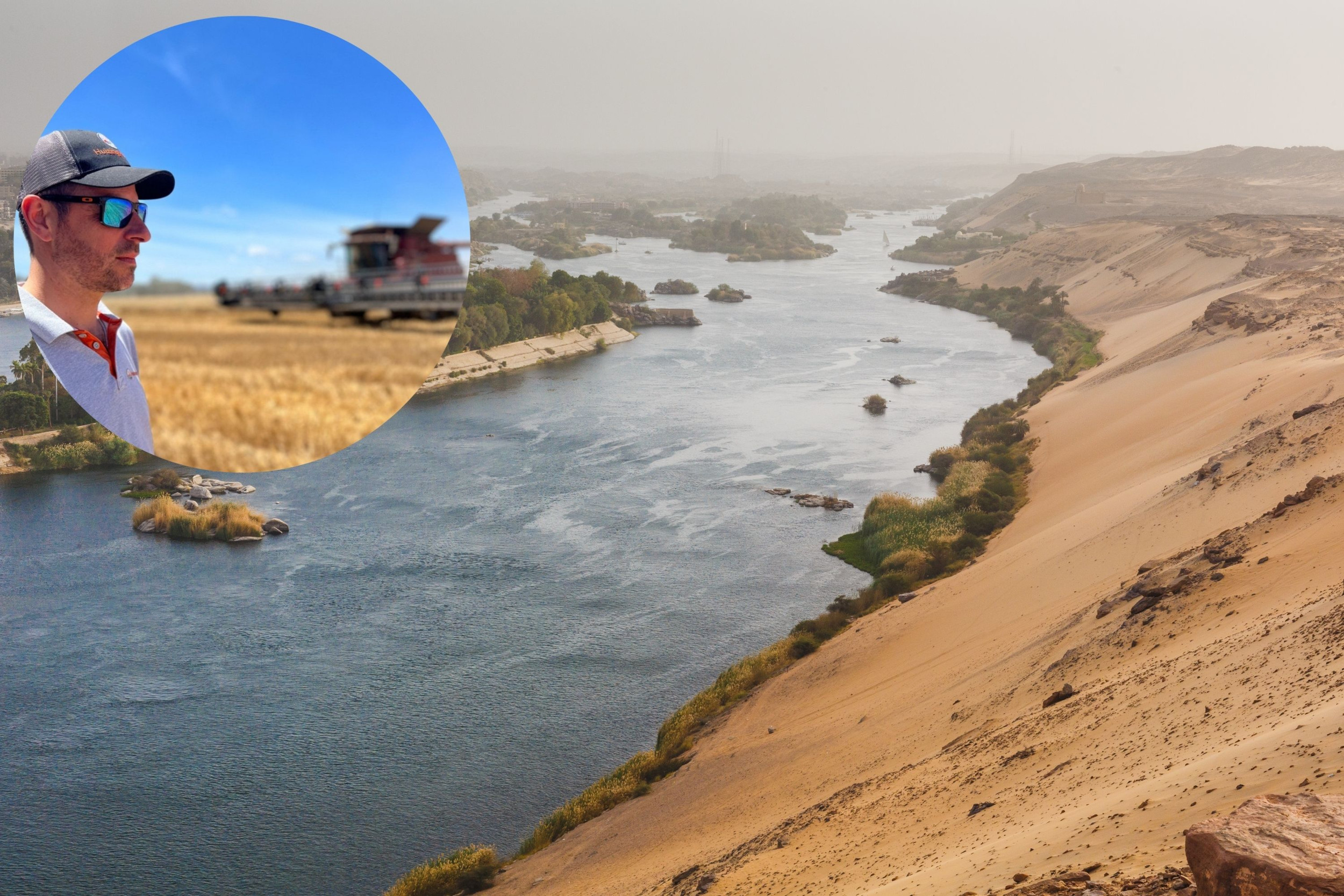 De plaats Aswan in de Egyptische woestijn. Egypte wil minder afhankelijk worden van import. Een vorm van ‘kalenderlandbouw’ is daarin cruciaal. “Zolang je het water maar volledig onder controle hebt en een strakke planning aanhoudt”, blogt Nico Huizing. - Foto: Canva/Mariusz Prusaczyk / Inzet: Nico Huizing