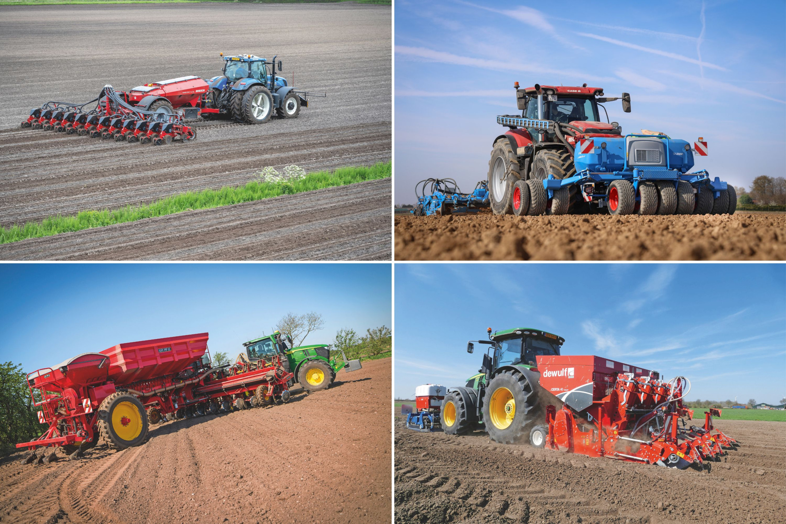 Maak je keuze uit deze vier foto’s: linksboven Horsch Maestro 12CX getrokken zaaimachine; rechtsboven Lemken-fronttank met bandenpakker; linksonder GST PP 12 twaalfrijige pootmachine; rechtsonder DeWulf Certa 40 Integral-pootmachine. - Foto's: Michel Velderman, Matthijs Verhagen, John Christensen, Martin Smits