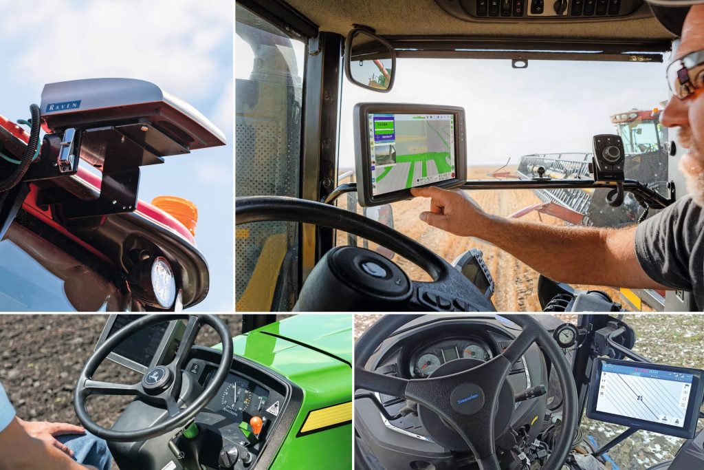 Een greep uit de 16 gps-stuurautomaten die TREKKER op een rij heeft gezet. V.l.n.r. en van boven naar beneden: Raven RS1, Topcon Autosteering, John Deere Autotrac Universal 300, Svaeverken F100 Auto Steer System.