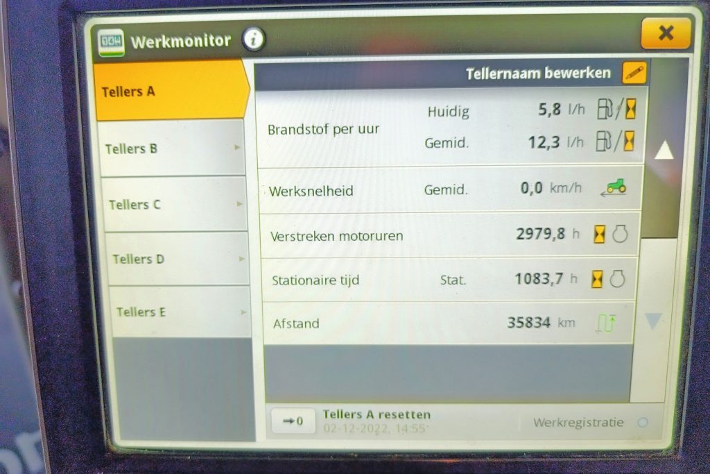 In dit scherm is zichtbaar dat de trekker 1.083 van de 2.979 draaiuren stationair doorbracht. Dat is meer dan een derde van het totaal.
