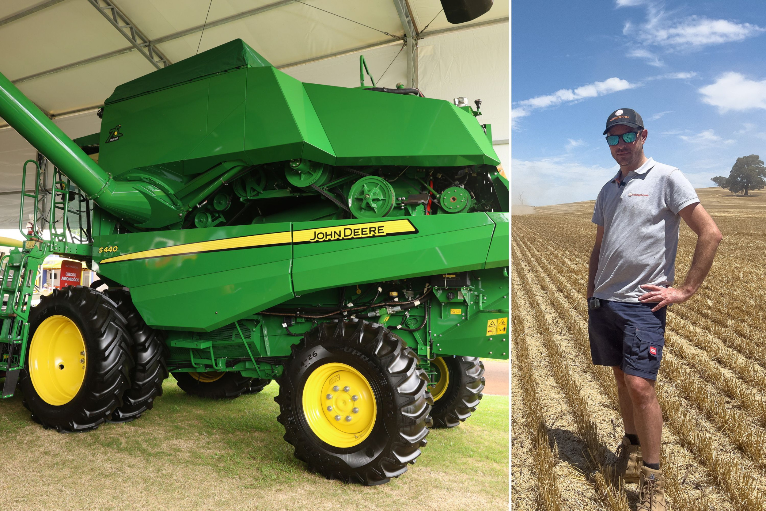 John Deere S440-maadorser op een mechanisatiebeurs in Brazilië. John Deere is niet alleen met trekkers, maar ook met maaidorsers marktleider in Brazilië. “Alle grote internationale merken zijn er sterk vertegenwoordigd, en dat is niet zonder reden”, schrijft Nico Huizing in zijn blog. Foto’s: TrekkerReizen/Nico Huizing