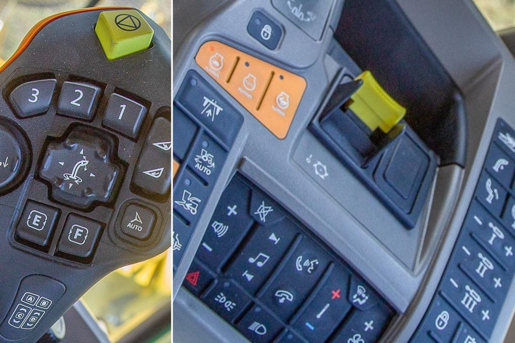 Eindelijk is er de nieuwe rijhendel op de hakselaar. Deze heeft elf vrij toewijsbare knoppen. Je kunt nu ook het snelheidsbereik van de hendel instellen.