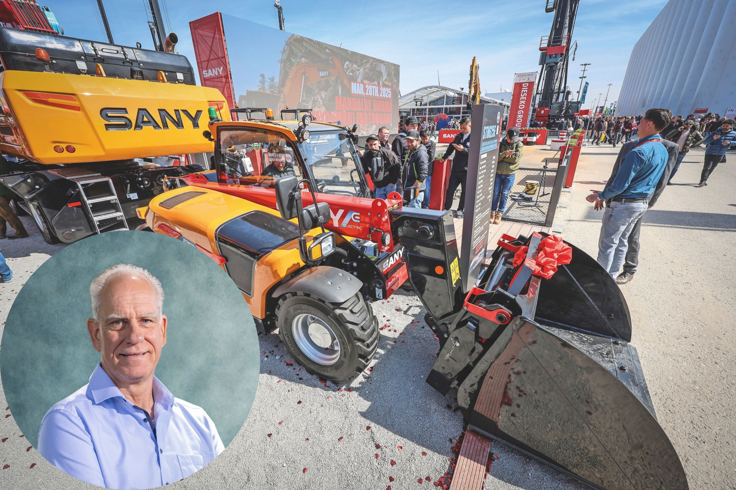 Het Chinese Sany, hier op Bauma 2025, behoort tot de top 10 grootste bouwmachinefabrikanten ter wereld. “Hun productenprogramma’s en stands deden niet onder voor die van de traditionele merken. Maar waarom zien we de Chinezen nog weinig als machineleveranciers bij ons?”, vraagt TREKKER-columnist Erwin Ros, zelfstandig adviseur en interim manager in de mechanisatiebranche, zich af.
