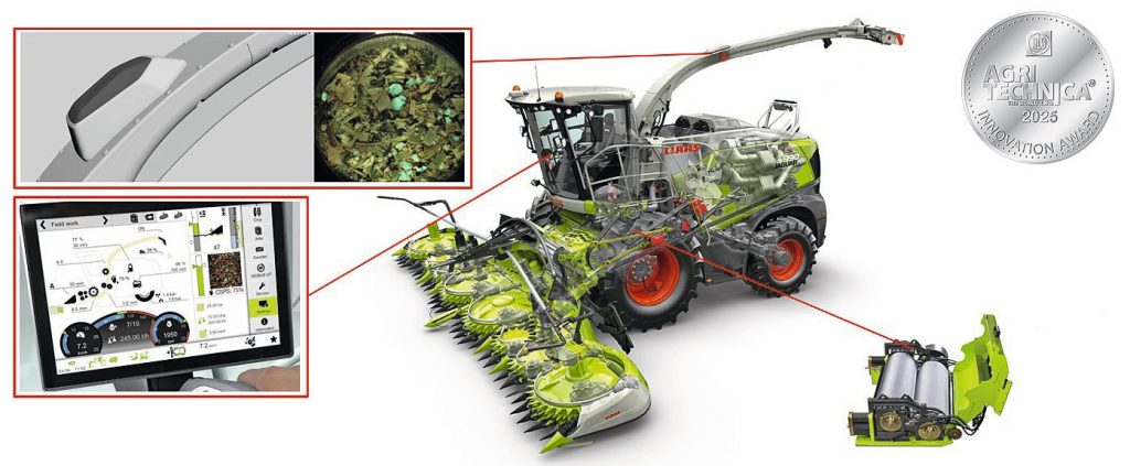 Er wordt een camera geplaatst, zo halverwege de lospijp. Die maakt razendsnel beelden van de mais, en algoritmes herkennen de fracties van korrels. – Foto: Claas