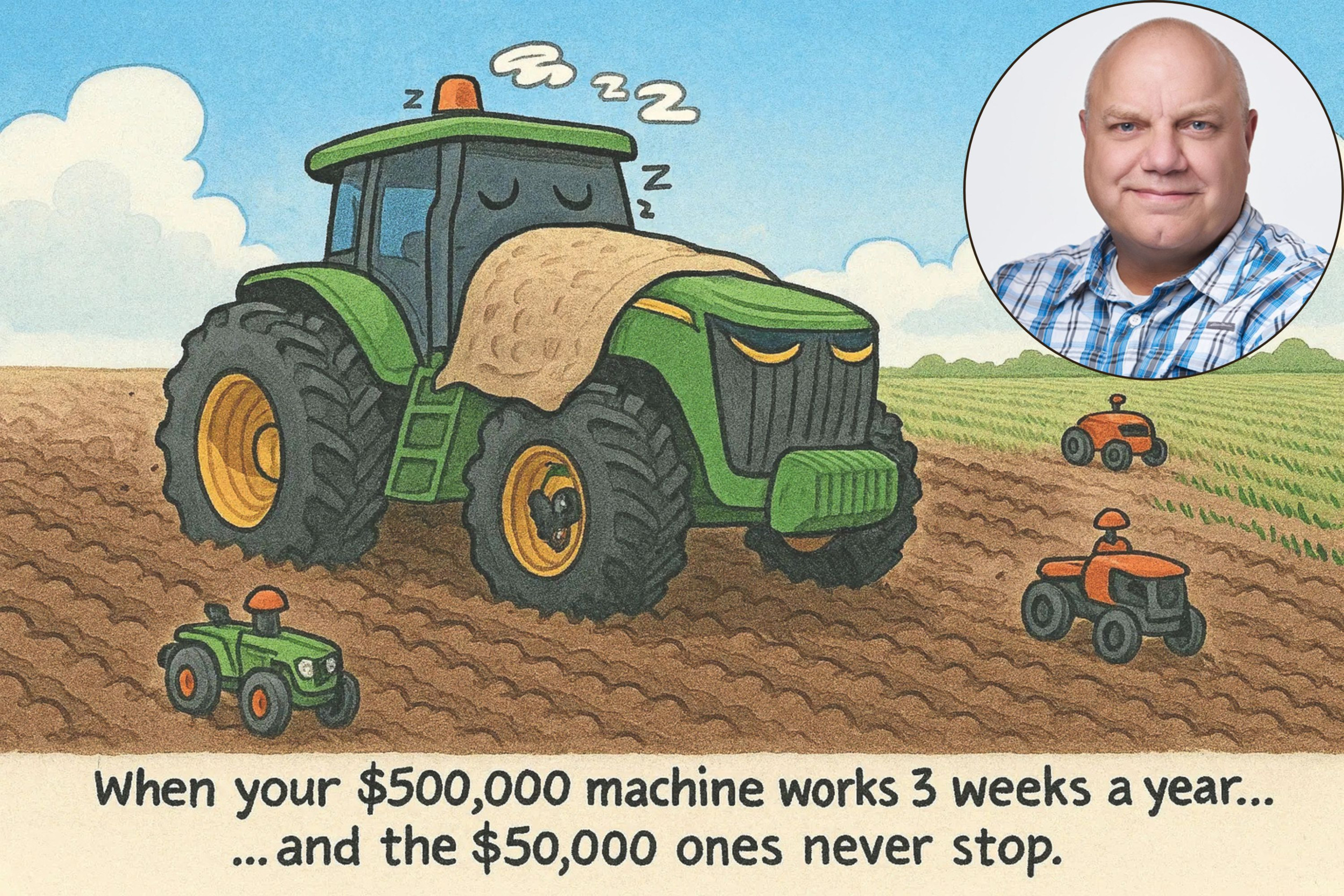 "Automatisering en slim verbinden van machines maakt werken makkelijker en sneller, waardoor de rekensom rond machinebezit verandert. Stilstaand vermogen is slapend kapitaal geworden”, schrijft Craig Rupp, CEO van het Amerikaanse loonbedrijf Sabanto en een pionier op het gebied van autonome landbouw. Afbeelding: gegenereerd met AI / fotoinzet: Craig Rupp