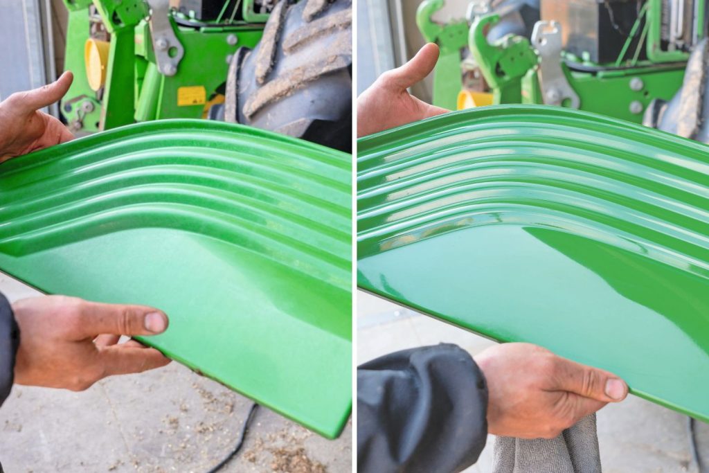 Naast elkaar zie je het effect van een polijstbeurt goed. Links voor de behandeling en rechts na de behandeling. De glans is weer helemaal terug.