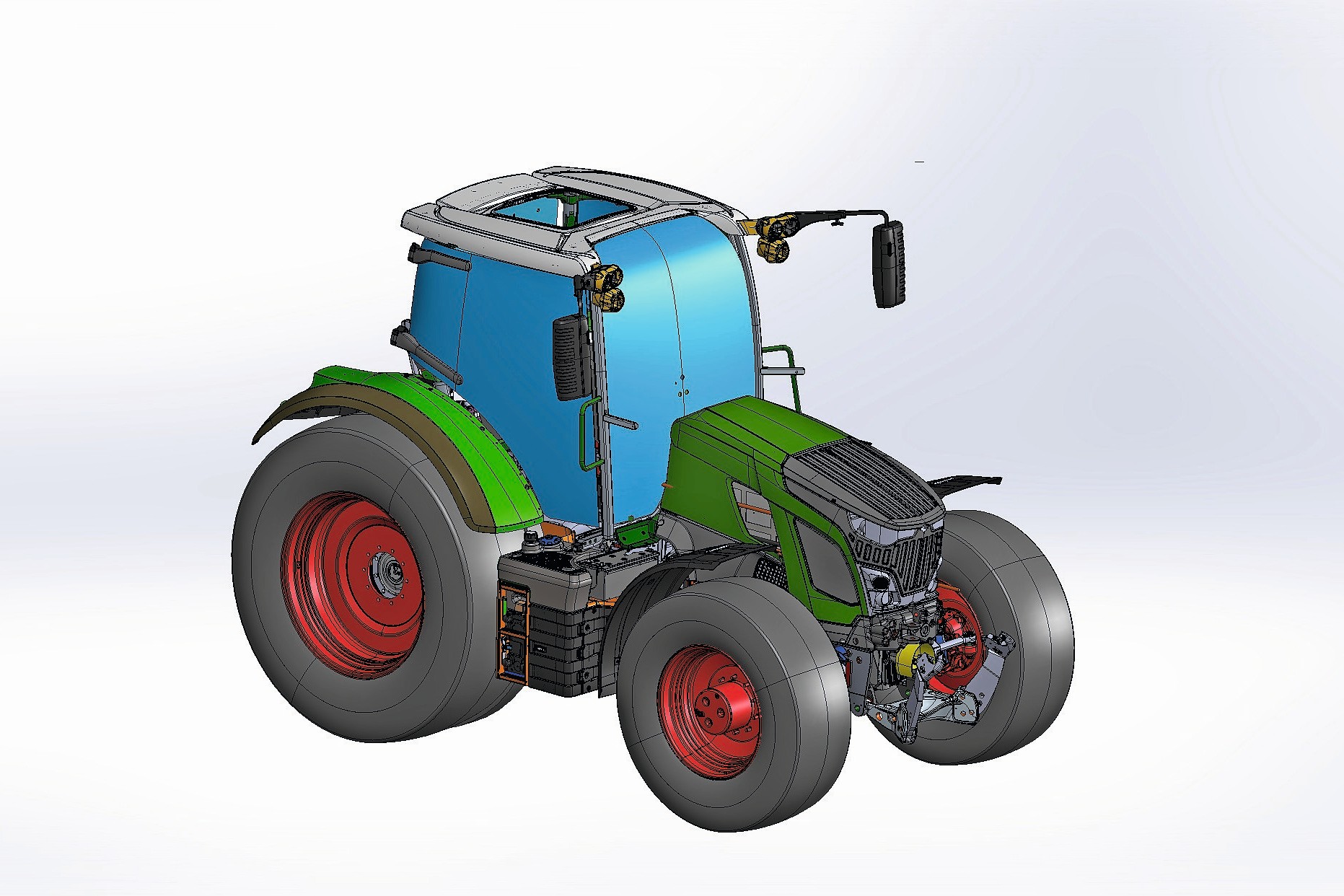 Dit is een tekening van de nieuwe E600. De basis is een Fendt 600 Vario waarbij alle brandstof-, emissie- en dieseltechniek plaatsmaakt voor elektromotoren en een 170 kWh accupakket. Een range-extender kan eventueel in de fronthef. Afbeeldingen en foto: Agromec
