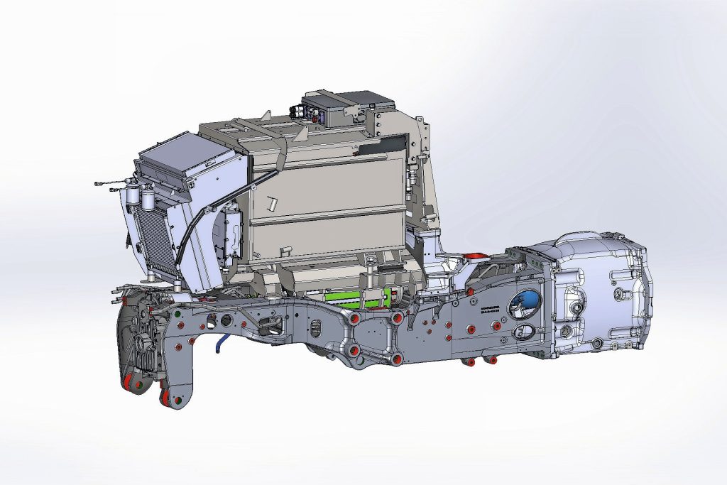 Op deze schets is te zien dat de elektromotor onder het accupakket ligt. Standaard is het accupakket 170 kWh groot. Er zijn ook kleinere elektromotoren aan boord voor de compressor en de airco.