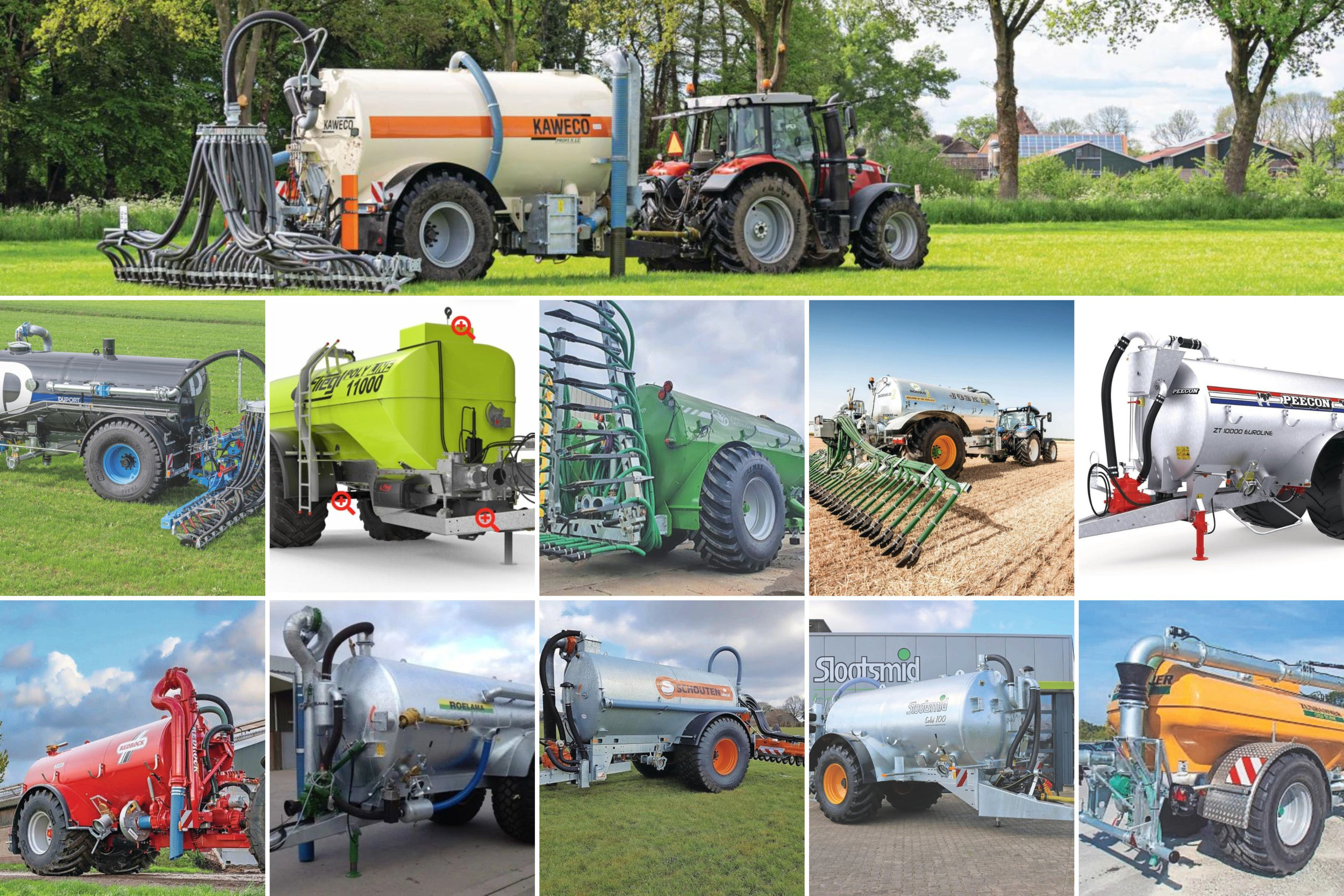 TREKKER heeft elf ‘boerenmesttanks’ op een rij gezet. De mesttanks hebben een tankinhoud van 10.000 tot 12.000 liter, zijn eenvoudig uitgevoerd (één tank, één as, één pomp) en hebben banden eronder die minimaal 80 centimeter breed zijn. Juist die eenvoud maakt deze enkelassige mestanks aantrekkelijk voor veehouders. Foto’s: fabrikanten